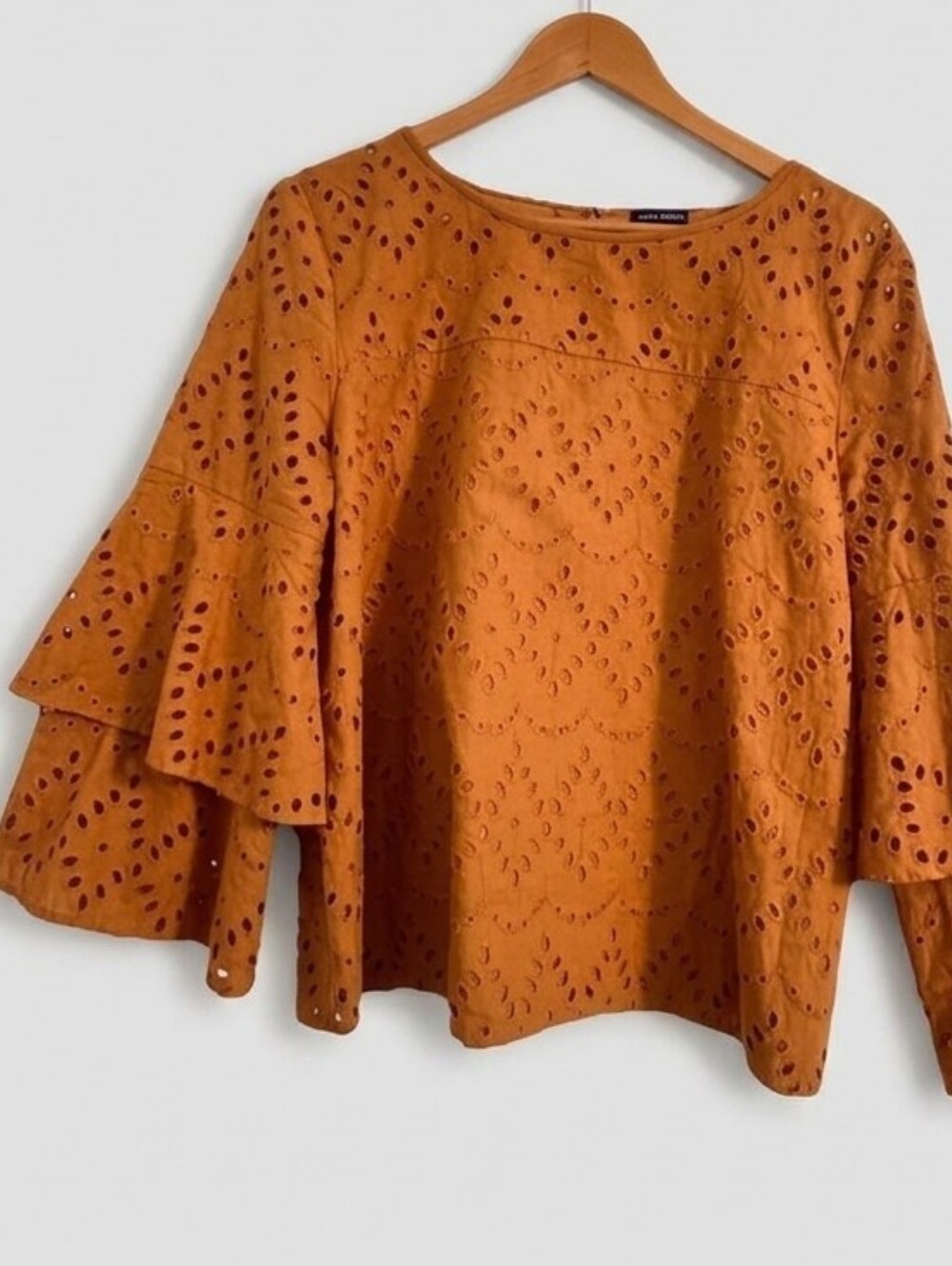 Ann Taylor Rust-Orange Eyelet Tiered Bell-Sleeve Top
